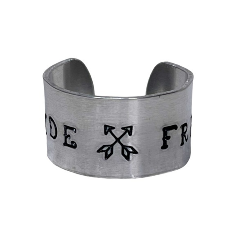Handmade 9/10 unisex stamped ride free compass silver‎ adjustable wide cuff ring